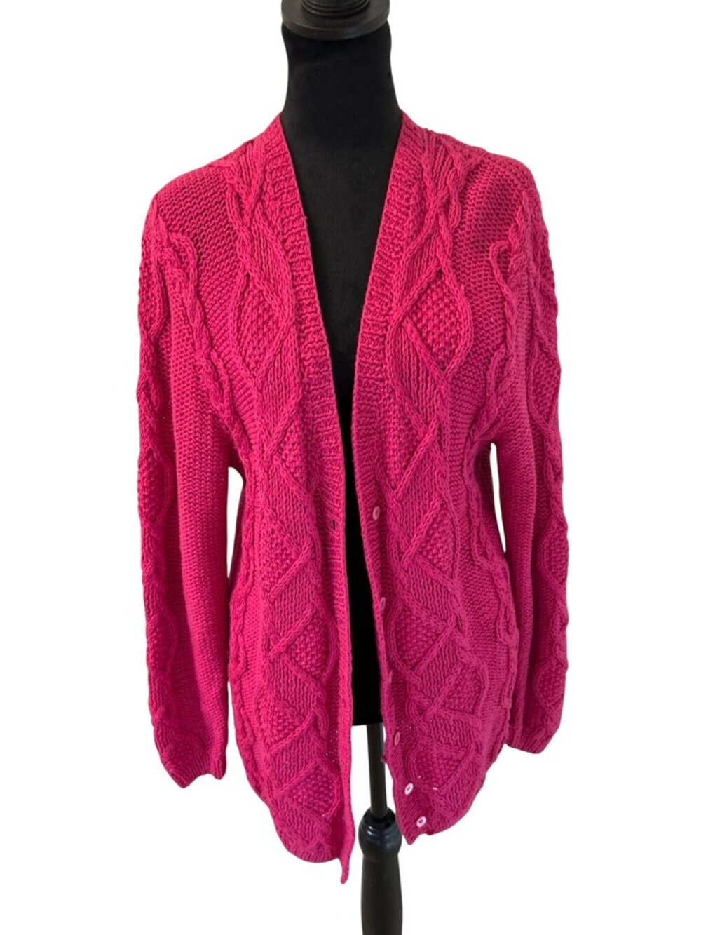 Vintage Lauren Hansen Size S Hand Knit Raspberry Pink Cable Knit Cardigan Cozy - Picture 3 of 16